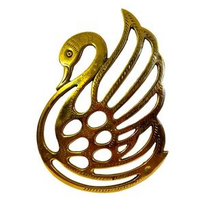 Vintage Mid-Century Large Etched Solid Brass Swan Trivet